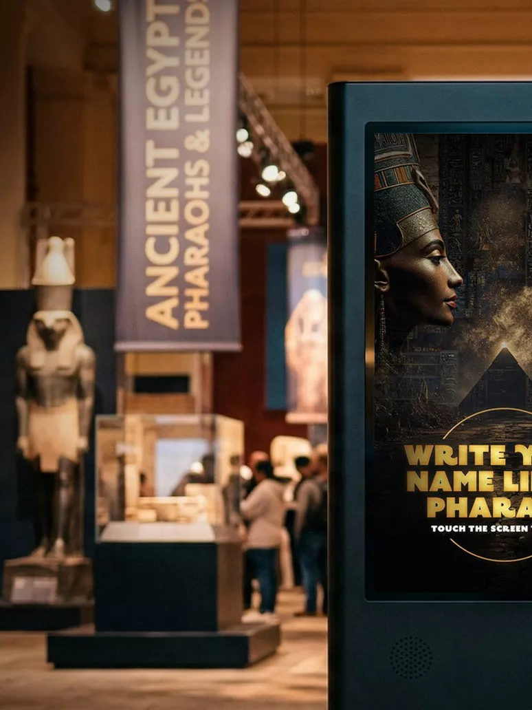 A large-format touchscreen kiosk in the PBS Ancient Egypt exhibition showing the Write Your Name Like a Pharaoh attract screen