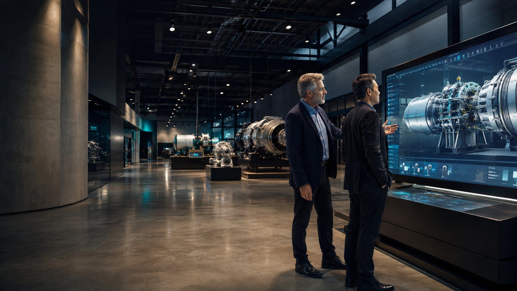 Business decision makers exploring industrial products in an interactive virtual showroom