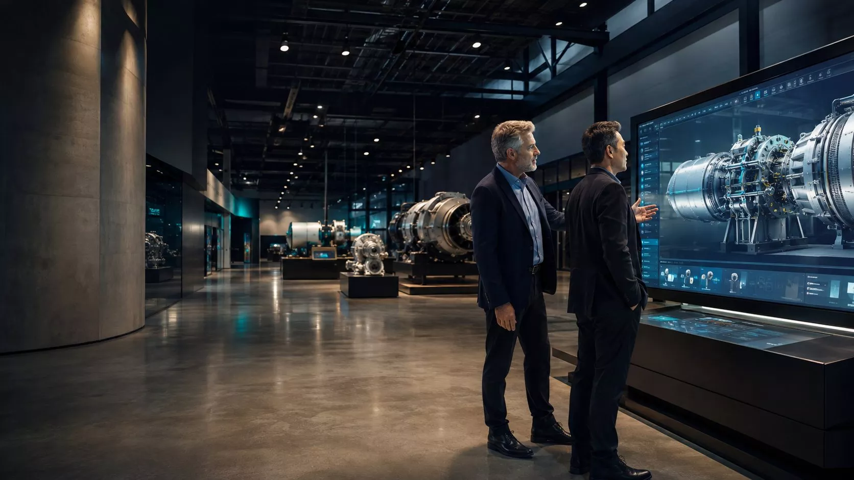 Business decision makers exploring industrial products in an interactive virtual showroom