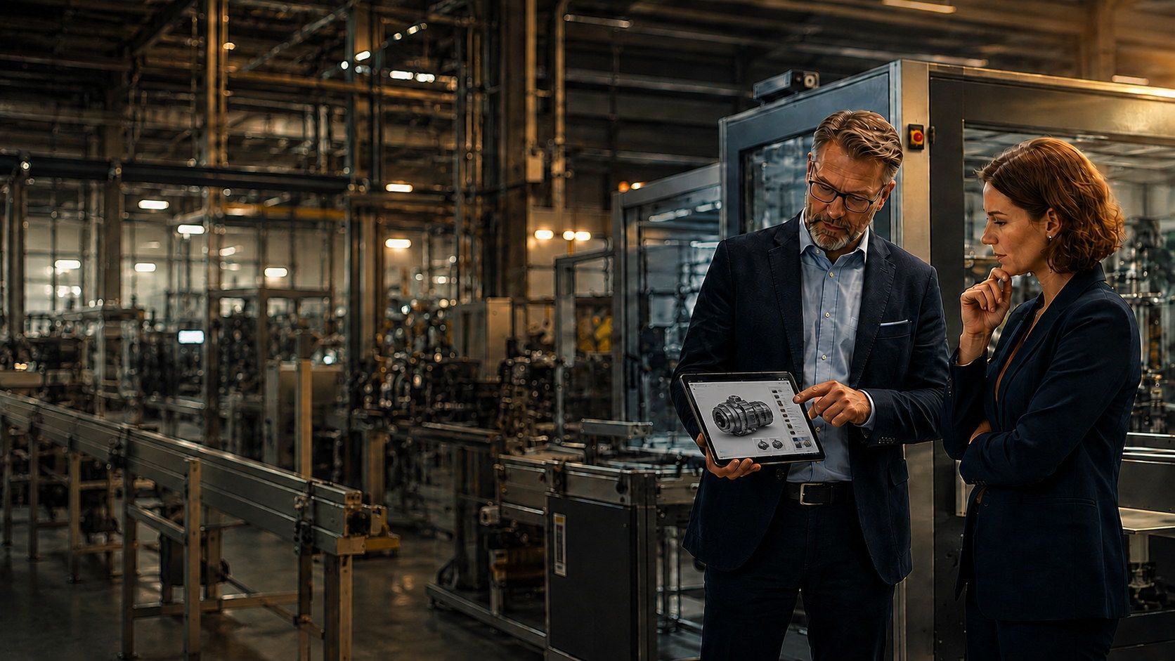 Industrial sales team using a 3D product configurator beside manufacturing equipment