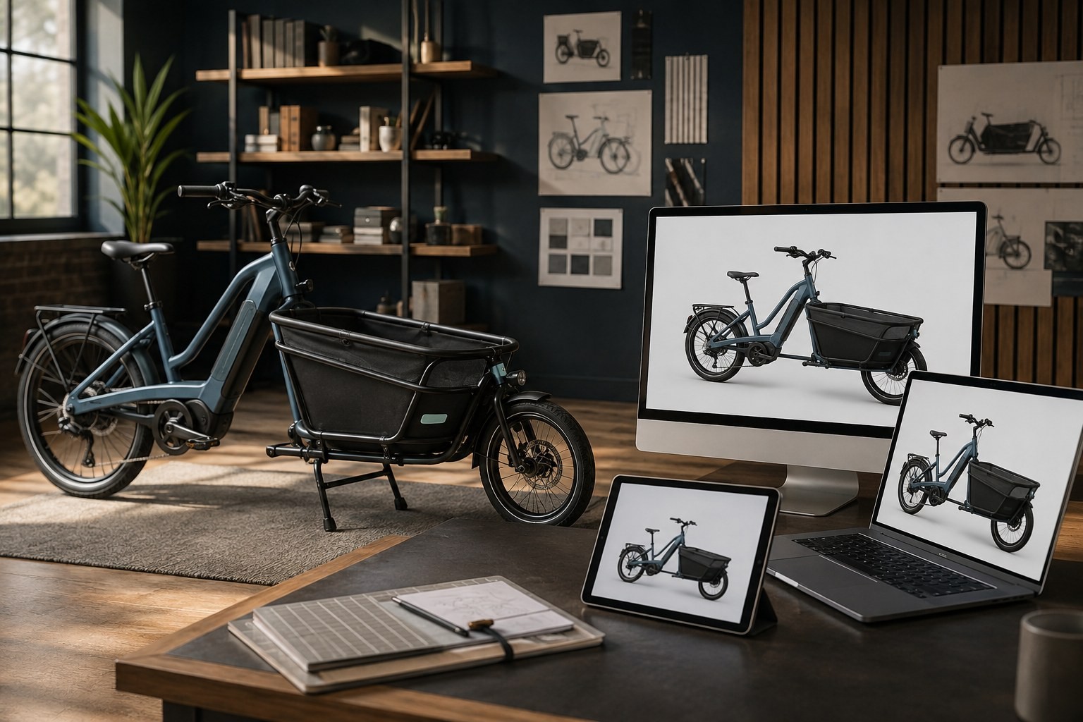 Electric cargo bicycle reused across desktop, laptop and tablet screens
