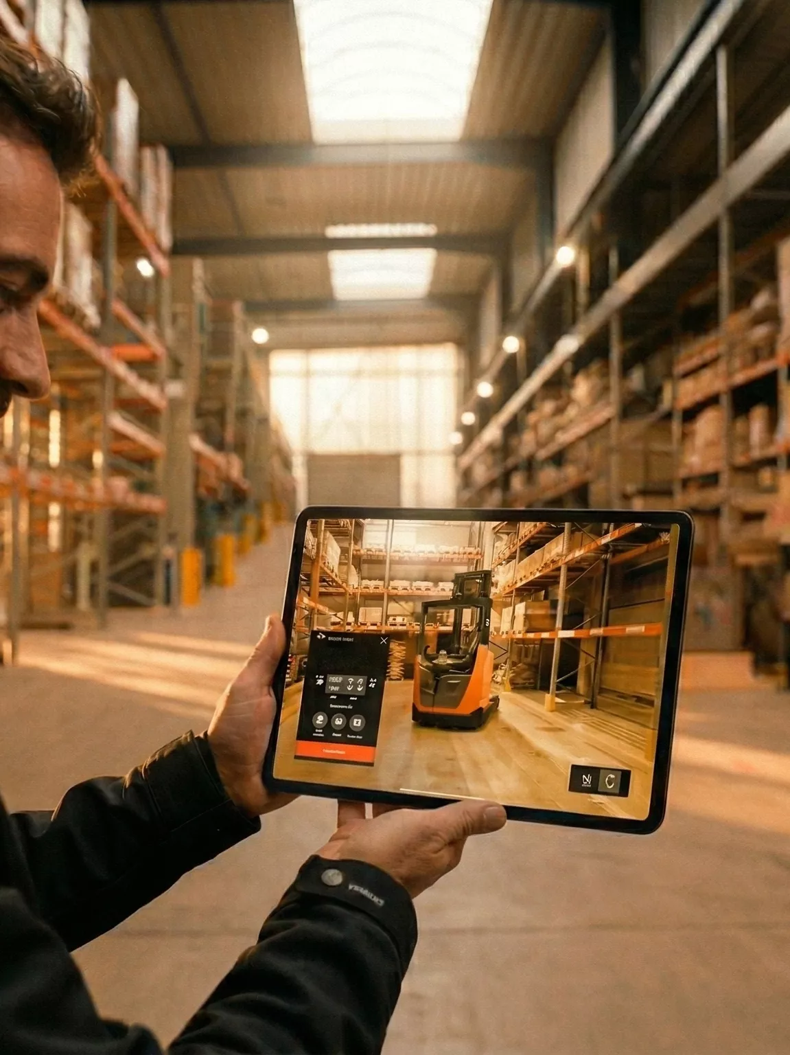 Toyota Material Handling AR product explorer placing a BT forklift at true scale in a warehouse using augmented reality on a tablet for sales demonstrations
