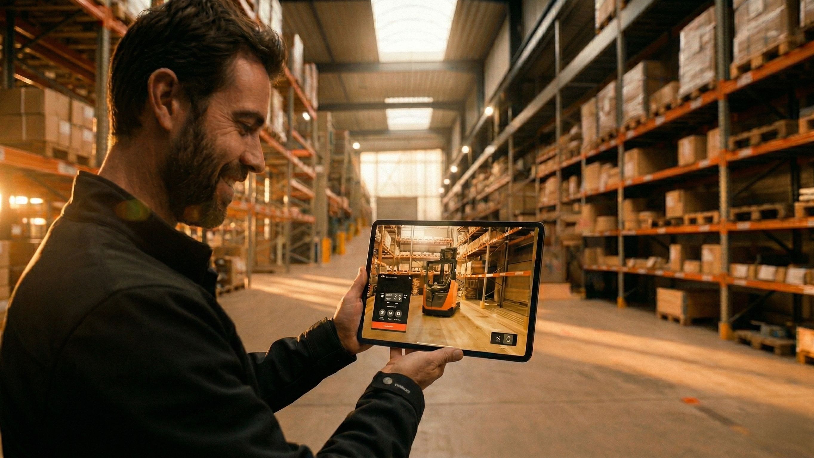 Toyota Material Handling AR product explorer placing a BT forklift at true scale in a warehouse using augmented reality on a tablet for sales demonstrations