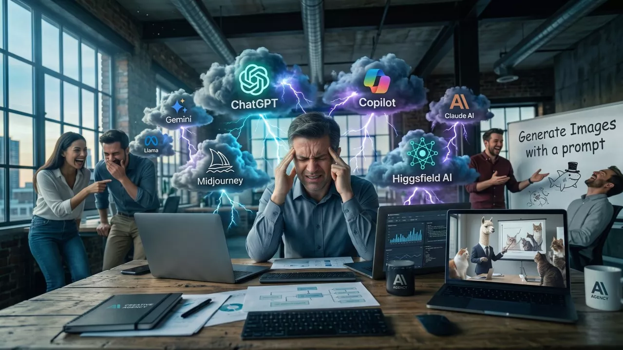 A marketing leader holding his head at a desk while colleagues laugh at AI-generated images, under storm clouds labelled with AI tools