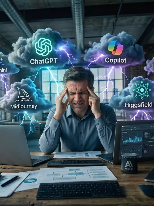 A marketing leader holding his head at a desk while colleagues laugh at AI-generated images, under storm clouds labelled with AI tools