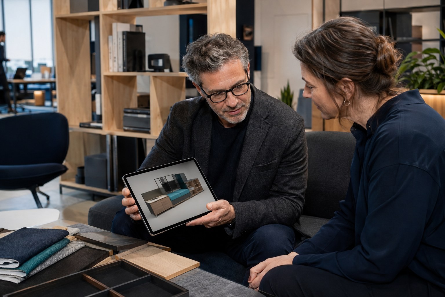 Sales specialist and buyer configuring modular furniture on a tablet
