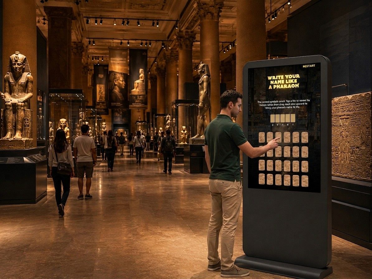A museum visitor standing at the touchscreen kiosk in the Ancient Egypt gallery, tapping a hieroglyph tile