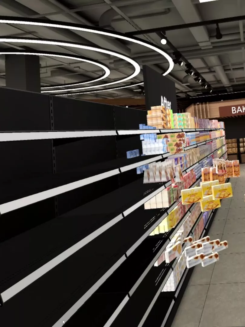 The aisle mid-change: empty shelves under a sign marked After, packs flying through the air to fill them, and a sign marked Before showing a time of 01:30:50.